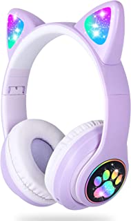 Kids Headphones, LAIBUY Cat Ear LED Light Up Foldable Bluetooth Headphone for Kids,2 in 1 Wired/Wireless Mode HD Stereo Sound for PC/Phone/iPad/Study/Travel (Purple)