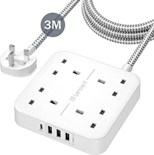 LENCENT 3M Extension Lead with USB C Port (3250W 13A), 4 Way Outlets Power Strip with 1 USB-C and 3 USB Slots, Multi Power Plug Extension with 3M Braided Extension Cord for Home Office- White