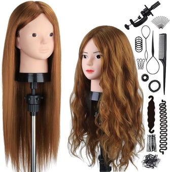 SZCY LLC 23.5 inch 80% Real Human Hair Training Head Cosmetology Make-up Hairdressing Mannequin Manikin Doll Head with Table Clamp Holder + DIY Hair Styling Braid Set, Light Brown