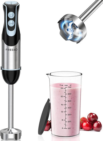 FRESKO Stainless Steel Hand Blender, 1200W Electric Stick Blender with 12 Speed and Turbo Mode, Heavy Duty Copper Motor Immersion Blender,700ml Beaker for Baby Food, Smoothies, Soup, BPA-Free