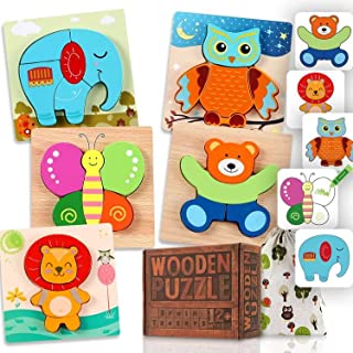 SMALL FISH Wooden Animal Jigsaw Puzzles 5 Pcs.Nice Made Set for Kids Girls Boys Educational Montessori Learning Toys for Toddlers, Games for Children in Car & on Plane Travel