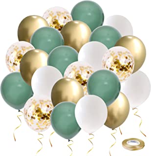 Sage Green and Gold Party Balloons, UNOEYSAT 50 Pcs 12 Inch Retro Olive Avocado Green White Metallic Gold Confetti Helium Latex Balloons with Ribbon for Wedding Birthday Baby Shower Decorations