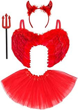 4pc Red Devil Costume Womens Halloween Costume - Red Devil Wings Red Devil Horns Devil Fork Tutu Devil Outfit - Ladies Devil Costume Women Devil Accessories - Fallen Angel Costume Red Wings Devil