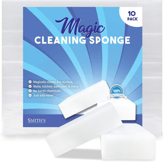(10 Pack) Smiths Magic Cleaning Eraser Sponge - 2X Longer Lasting Melamine Sponges - Multi Surface Power Scrubber Foam Pads - Bathtub, Floor, Baseboard, Bathroom, Wall Cleaner