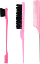 Sularpek 3 Pcs Slick Brush Set, Plastic Bristle Hair Brush Teasing Comb Edge Hair Brush Teasing Brush Set, Rat Tail Comb Double Sided Edge Brush, for Hairdresser Women Baby Children (Pink)