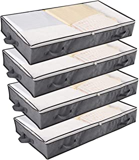 UOUNE 90L Underbed Storage Bags - Large Storage Organiser Boxes - Foldable Fabric Wardrobe Storage Solutions with Zips and Reinforced Handles for Duvets, Clothes, Shoes, Beddings, Qulit, 4 Pack, Grey