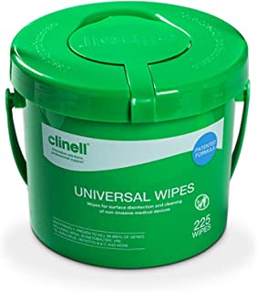 Clinell Universal Cleaning and Disinfectant Wipes Bucket - Pack of 225 - Multi Purpose Wipes, Kills 99.99% of Germs, Effective from 30 Seconds