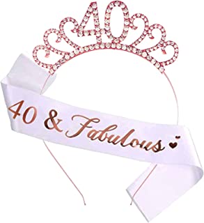 MIOSJI 40th Birthday Sash and Tiara Birthday Crystal Crown for Women 40th Birthday Decorations Birthday Gift Party Accessories ( Rose Gold )