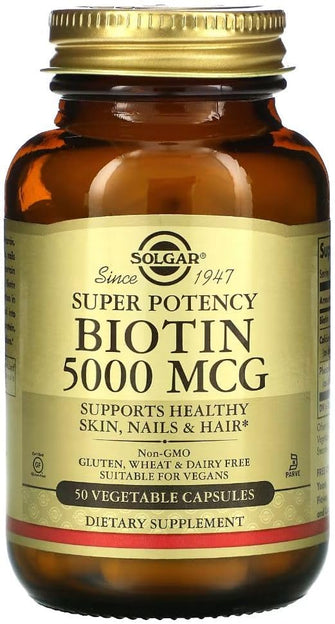 Solgar Biotin 5000 mcg Vegetable Capsules - High Strength Formula - Supports Hair Growth, Glowing Skin, Energy & Vitality - Health Supplement - Sugar Free - Suitable for Vegans - Pack of 50