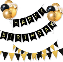 Happy Birthday Decorations Kit with Black Gold Happy Birthday Banner, Triangle Flag Bunting Banner and Confetti Latex Balloons for Men Women Girls and Boys Party Decoration Birthday Party Supplies