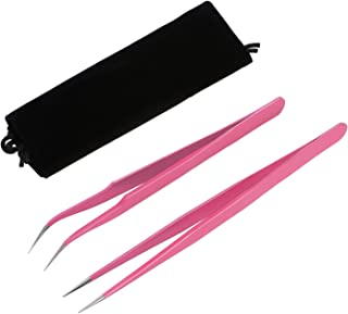 2 Pieces Straight and Curved Tip Tweezers Nipper for Eyelash Extensions, Pink Stainless Steel False Lash Application Tools