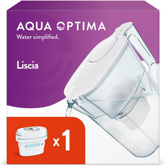 Aqua Optima Liscia Water Filter Jug & 1 x 30 Day Evolve+ Filter Cartridge, 2.5 Litre Capacity, for Reduction of Microplastics, Chlorine, Limescale and Impurities, White