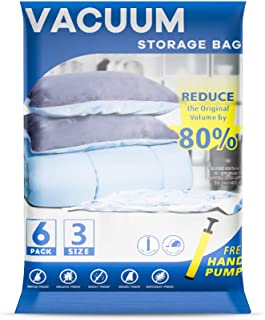 Vacuum Storage Bags 6 Bags - 2 Jumbo + 2 Extra Large + 2 Medium Reusable Storage Bags with Travel Hand Pump for Duvets, Bedding, Pillows, Clothes, Quilts, Sweater, Comforters, Dresses, Suitcases