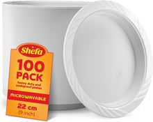 Shefa Pack of 100 White Plates - Plastic Plate, Reusable & Washable, Heavy Duty Dinnerware, Microwave-Safe Crockery - Ideal for Birthday, Parties, Camping, Catering (9 inch Plates, White)