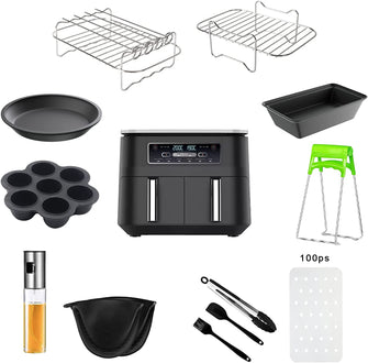 Air Fryer Accessories Ninja Foodi AF300UK, AF400UK & 7.6L-9.5L or Larger Dual Air Fryers, Set of 12 Including Pizza Pan, Racks, Egg Mold, Oil Spray Bottle,100Pc Paper Lining etc., Black (06CS0004AB)