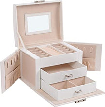 SONGMICS Jewellery Box, Travel Jewellery Case, Portable, Lockable Jewellery Organiser with 2 Drawers, Mirror, Lock and Keys, Gift Idea, White JBC154W01