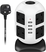 GLCON Tower Extension Lead with USB (4 Ports), 8 Plugs Extension with Switches Compact for Home Office, 2500W Surge Protected, 4m Cords Black