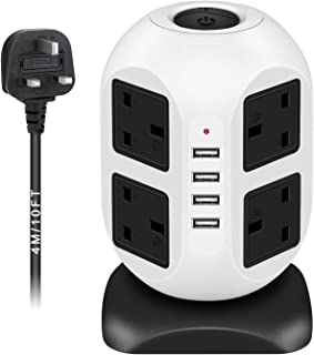 GLCON Tower Extension Lead with USB (4 Ports), 8 Plugs Extension with Switches Compact for Home Office, 2500W Surge Protected, 4m Cords Black