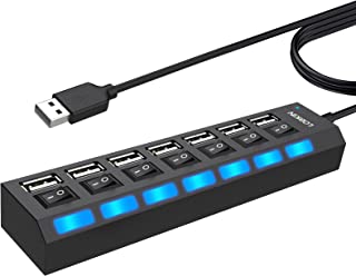 LOBKIN USB Hub 7-Port,USB 2.0 Data Hub with Individual On/Off Power Switches and Lights Portable USB Extension Hub for PC Laptop and More