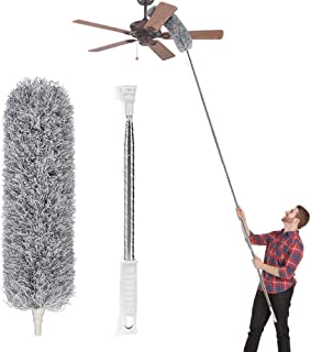 Feather Duster Extendable Telescopic Pole, Extra Long 100 inches,Microfiber Duster with Washable Bendable Head, Hand Duster for Cleaning High Ceiling Fans, Blinds, Cobweb, Cars