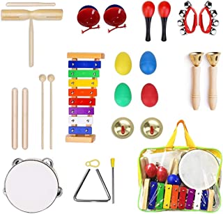 Ulifeme Percussion Musical Instruments Set for Kids, 24 Pieces Rhythm Band Toys Set, Wooden Xylophone Toy Set, Musical Instrument Gift for Baby, Child, Toddler & Preschool Children with One Bag