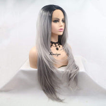 Xiweiya Wigs Long Natural Straight Hair Dark Root Ombre Grey Color Middle Part Synthetic Lace Front Wig Hair Heat Resistant Fiber Wig for Women, Cosplay Family Makeup Party Wigs 24 Inches