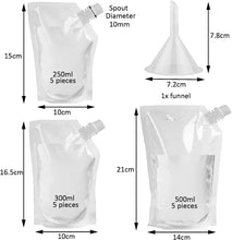 15 Pack Drink Pouches for Festivals Reusable Drinks Flasks Leak Proof Alcohol Liquor Juice Plastic Pouches Bags for Picnic Camping Party Beverage Drinks, with Spouts and Funnel, 250ml, 300ml, 500ml