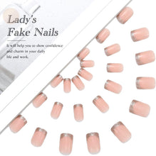 Vatocu Square False Nails Short Nude Glitter Press on Nails French Fake Nails Bling Glossy Acrylic Stick on Nails for Women and Girls (24pcs
