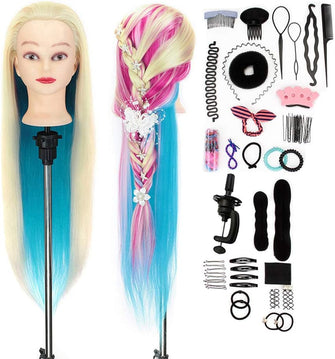 Neverland Hairdressing Training Head, 26"-28" Styling Head Rainbow Manikin Cosmetology Doll Mannequin Head for Little Girls 100% Synthetic Hair with Free Clamp+ Braid Set