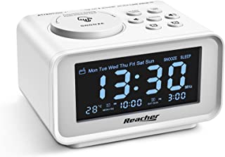 REACHER Small Digital Radio Alarm Clock with 2 USB Charging Ports, 0-100% Dimmer, Weekday/Weekend, Thermometer, 6 Adjustable Volume Sounds, Sleep Timer, AC Powered, Battery Backup for Bedside (White)