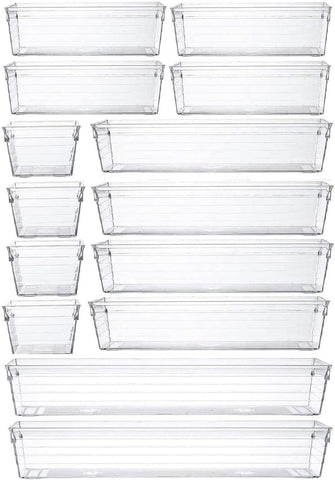 14 Pcs Clear Plastic Drawer Organiser Trays Desk Versatile Kitchen Drawer Organiser Storage Tray for Makeup Bedroom Office