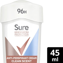 Sure Maximum Protection Clean Scent Deodorant Cream Stick women's anti-perspirant for 96-hour sweat and odour protection 45 ml