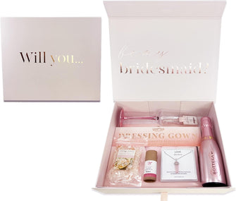 Will You Be My Bridesmaid Gift Set, Rose Gold Bottega 20cl Wine, Brides Besties Dressing Gown, Metallic Pink Champagne Flute, Himalayan Bath Salts, Oil + Jewellery