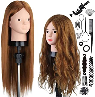 SZCY LLC 23.5 inch 80% Real Human Hair Training Head Cosmetology Make-up Hairdressing Mannequin Manikin Doll Head with Table Clamp Holder + DIY Hair Styling Braid Set, Light Brown