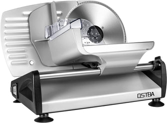 OSTBA SL-518 Electric Deli Food Slicer with Child Lock Protection, Removable 19cm Stainless Steel Blade and Food Carriage, 0-15mm Adjustable Thickness Machine for Meat, Cheese, Bread,150W, Silver