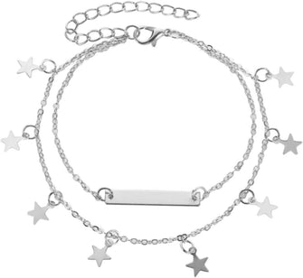 Yienate Beach Layered Star Bar Anklet Bracelet Boho Ankle Chain Star Foot Chain Beach Anklet Foot Jewelry for Women and Girls (Silver)