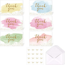 Thank You Greeting Cards, Pack of 12 Blank Gold Foiled Watercolour Postcards With 12 Envelopes and 12 Stickers, Used for Birthday, Wedding, Bussniess, Mothers, Fathers, Friends Thankyou Cards