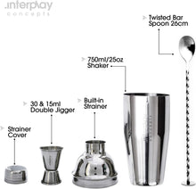 Interplay Concepts 5 Pieces Large 750ml Stainless Steel Cocktail Shaker Set With Strainer, Jigger and Mixing Spoon, Cocktail Set With Bar Accessories, Christmas gifts