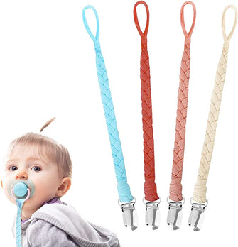 4 Pack Dummy Clip, BPA Free Dummy Clips Girl Cotton Dummy Clips for Baby Braided Pacifier Clips for Newborn Boys Girls Essentials Baby Teething Shower Clips