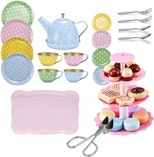 FUQUN 36 Pcs Afternoon Tea Set Party Teaset Toy Including Dessert, Cookies, Teapot Tray Cake, Childrens Metal Serve Tea Set Toys for Toddlers, Kids Tea Sets for Girls Gift Pretend Play Teatime