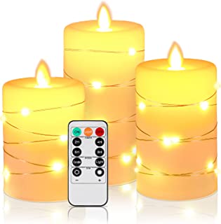 LED Candles, Battery Candles, with Embedded String Lights, Da by 3-Piece flameless Candles, with 10-Key Remote Control, 24-Hour Timer Function, Dancing Flame, Real Wax(Batteries not Included).