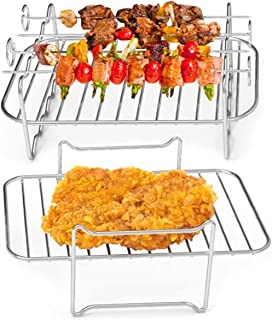 2PCS Air Fryer Rack, Air Fryer Double Layer Rack, Multi-purpose Air Fryer Accessories, Stainless Steel Grilling Rack with 4 Skewers, Dual Air Fryer Rack for Barbecue, Roasting Oven, Air Fryer (A)