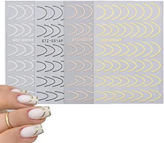 4pcs French Nail Art Stickers, French Faux Metal Lines Black and White Gold Rose Gold Adhesive Nail Stickers for Gel Nails, French Smile Nail Art Strips for Nail Decoration DIY Stencil Tool