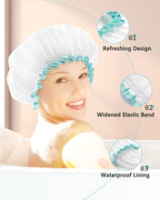 mikimini White Shower Cap for Long Hair 1 Pack, Waterproof Washable Hair Cap for Women and Girls, Super Cute and Extra Large
