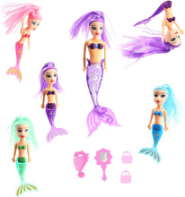 7 Piece Bath Time 3 Mermaid Princess Dolls with Bright Long Hair and Accessories, Boys and Girls Ocean Theme Waterproof Toys, Ideal for Bath, Pool, Water, Beach Pretend Fun Play (1 Set, 3 Mermaids)