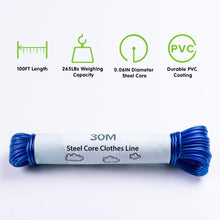 GZBtech 30m/100ft Washing Line Rope outdoor,Heavy Duty Extra Strong Steel Core Clothes lines of 265lbs Bearing Capacity, Rust-proof and Waterproof for Outside Garden-Blue