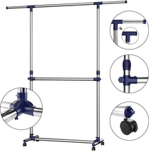 SONGMICS Adjustable Garment Rack Clothes Hanging Rail Stand with Middle Rail - Stainless Steel Clad Pipe LLR41L