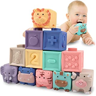 2022 Baby Blocks 12 Pack, Soft Building Block Bath Toys, Montessori Stacking Toys for Toddlers, Sensory Teethers Toy Educational Squeeze Play with Numbers Animals Shapes Textures