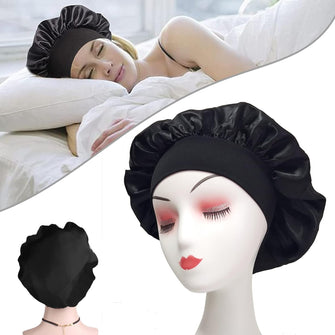 Wide Band Satin Sleeping Head Cover, Night Sleep Cap Silk Bonnet for Women Girls, Hair Care Elastic Hat Hair Bonnet for Black Curly Hair (1pcs Black)