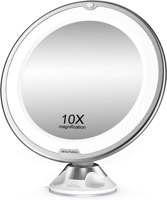 BEAUTURAL Makeup Mirror, 10X Magnifying Lighted Vanity Daylight White LED, Portable Illuminated Bathroom Mirror, 360 Degree Swivel Rotation and Locking Suction